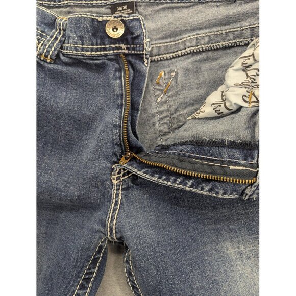 True Luck Jeans Mens 34x30 Blue Straight Leg Denim Contrast Stitch Embroidered - Picture 13 of 15